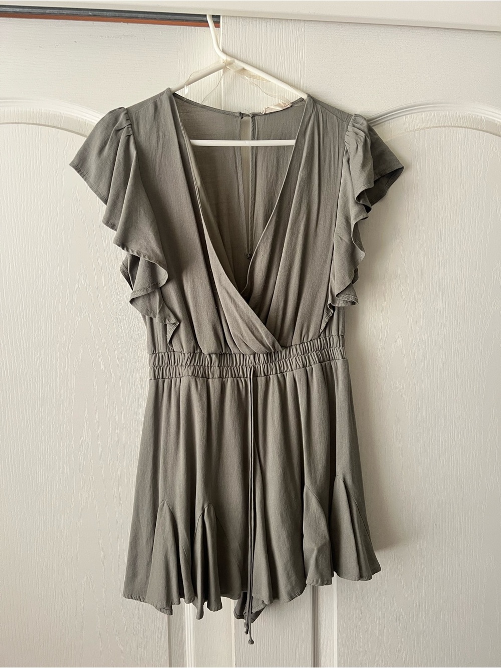 Altar'd State Olive Green Ruffle Sleeve Wrap Romper
